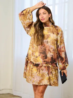 WOMEN'S LONG SLEEVE TURTLE NECK TUNIC FLORAL MINI DRESS