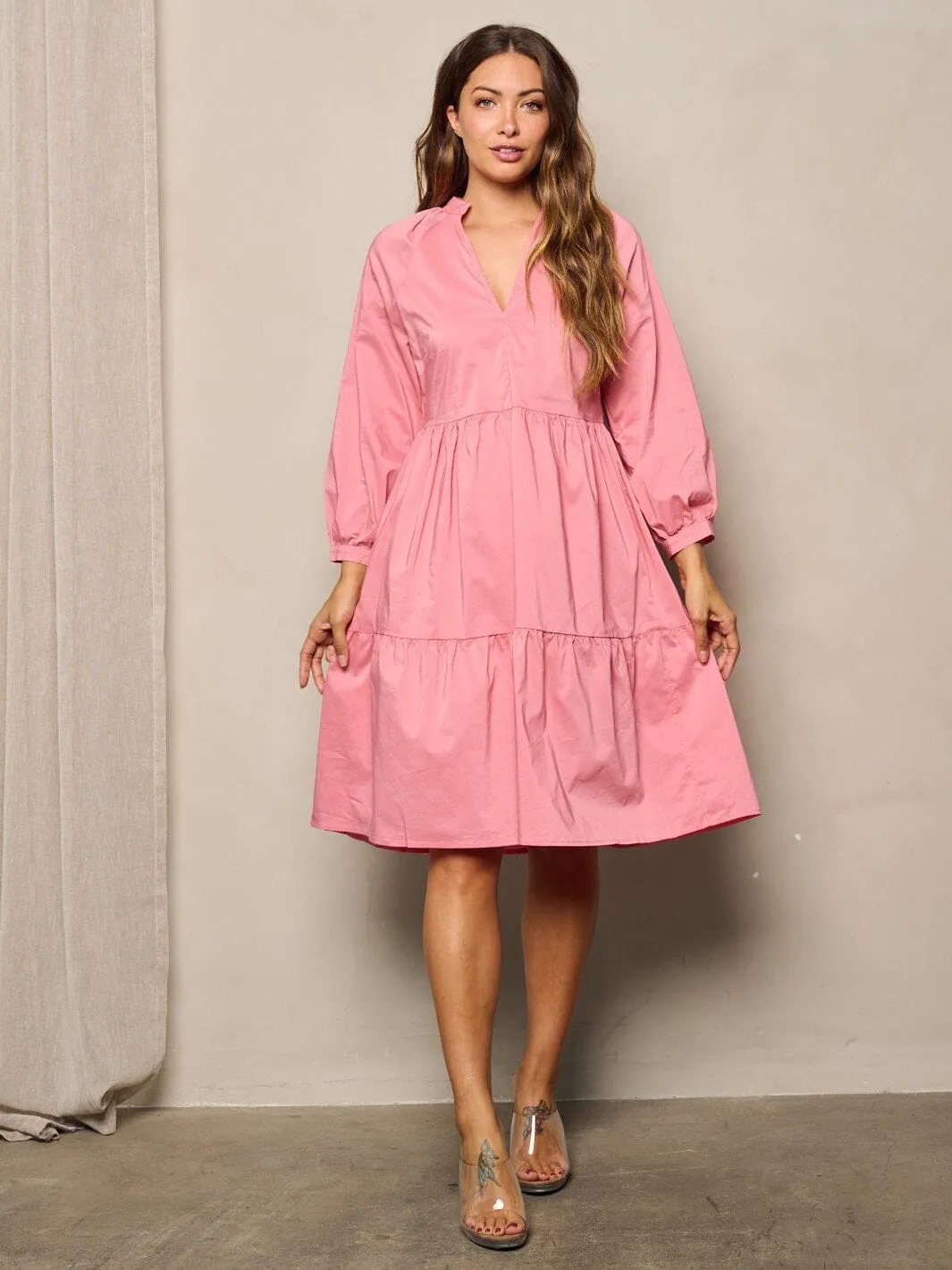 WOMEN'S LONG SLEEVE V-NECK RUFFLE TIERED MIDI DRESS