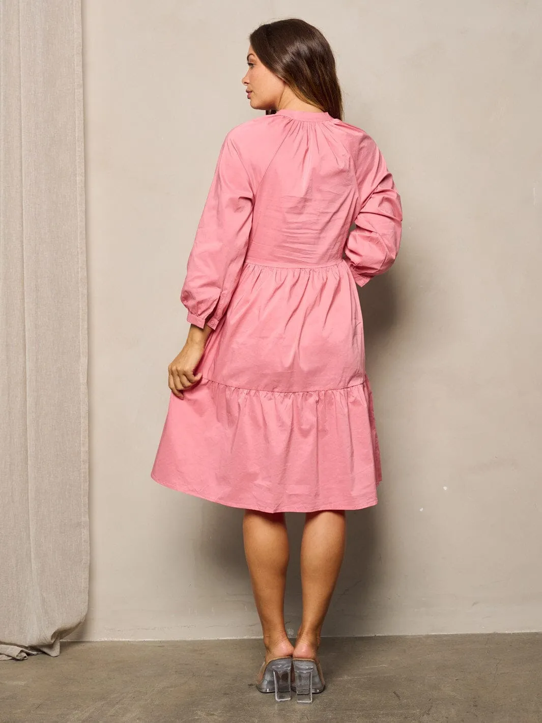 WOMEN'S LONG SLEEVE V-NECK RUFFLE TIERED MIDI DRESS