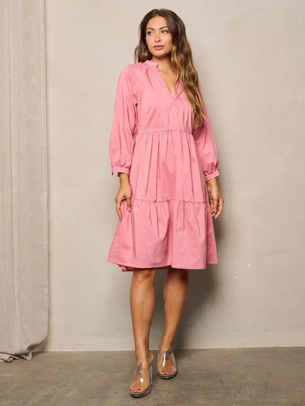 WOMEN'S LONG SLEEVE V-NECK RUFFLE TIERED MIDI DRESS