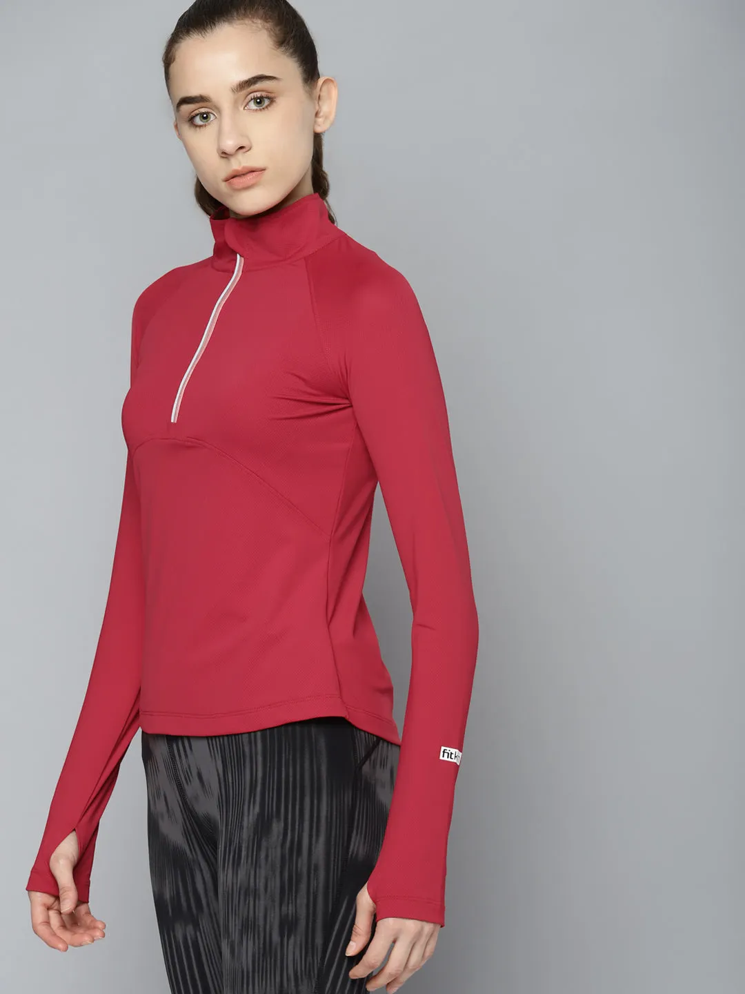 Women's Red High Neck Self Design Training T-shirt