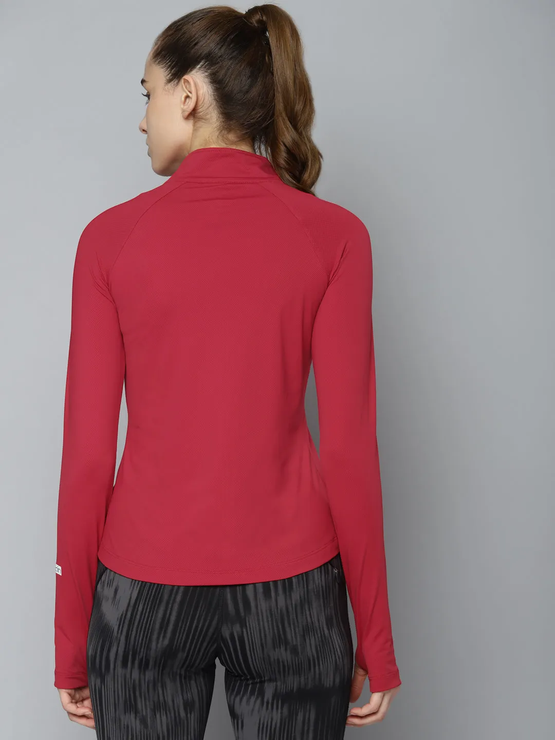 Women's Red High Neck Self Design Training T-shirt