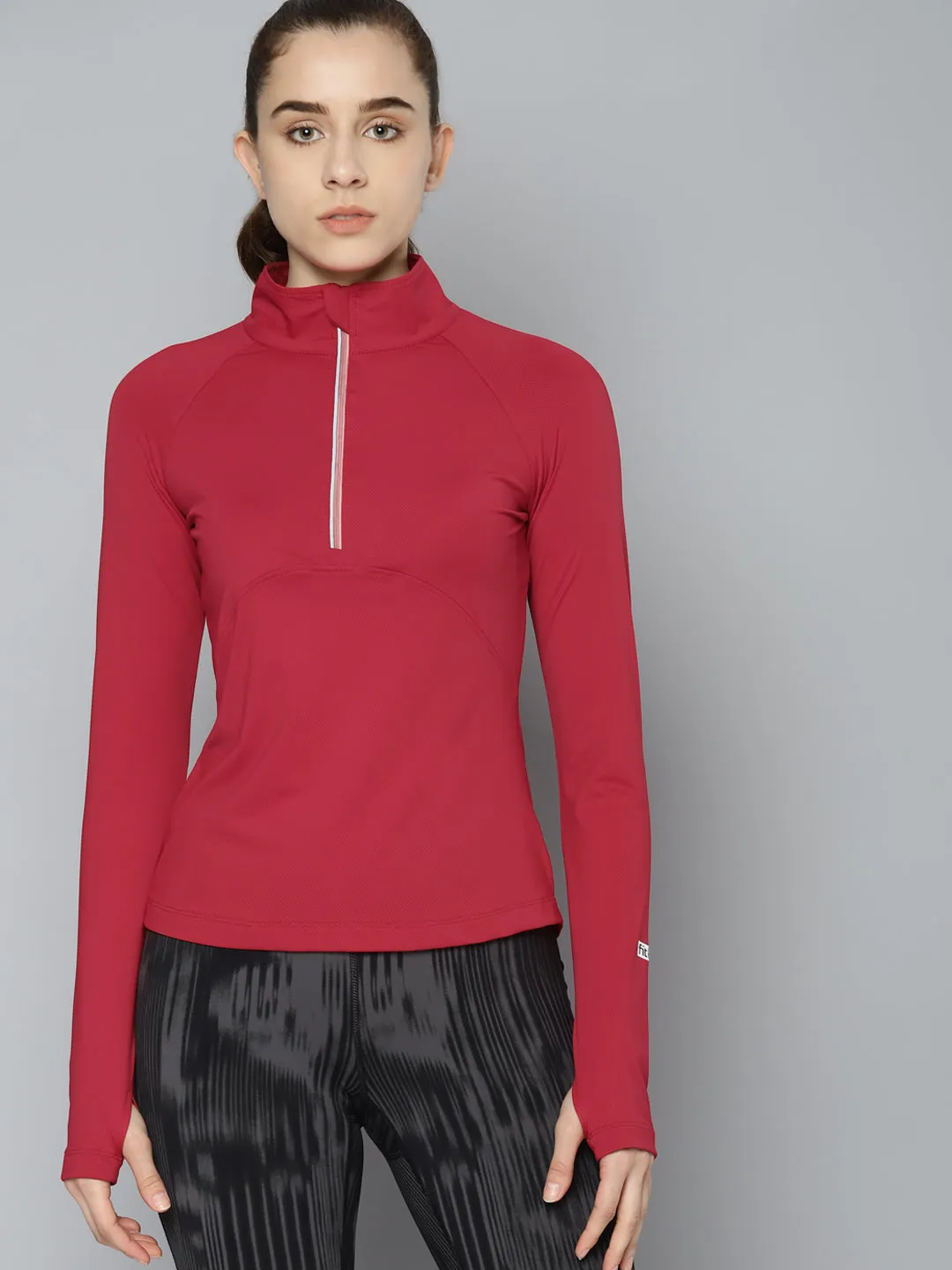 Women's Red High Neck Self Design Training T-shirt