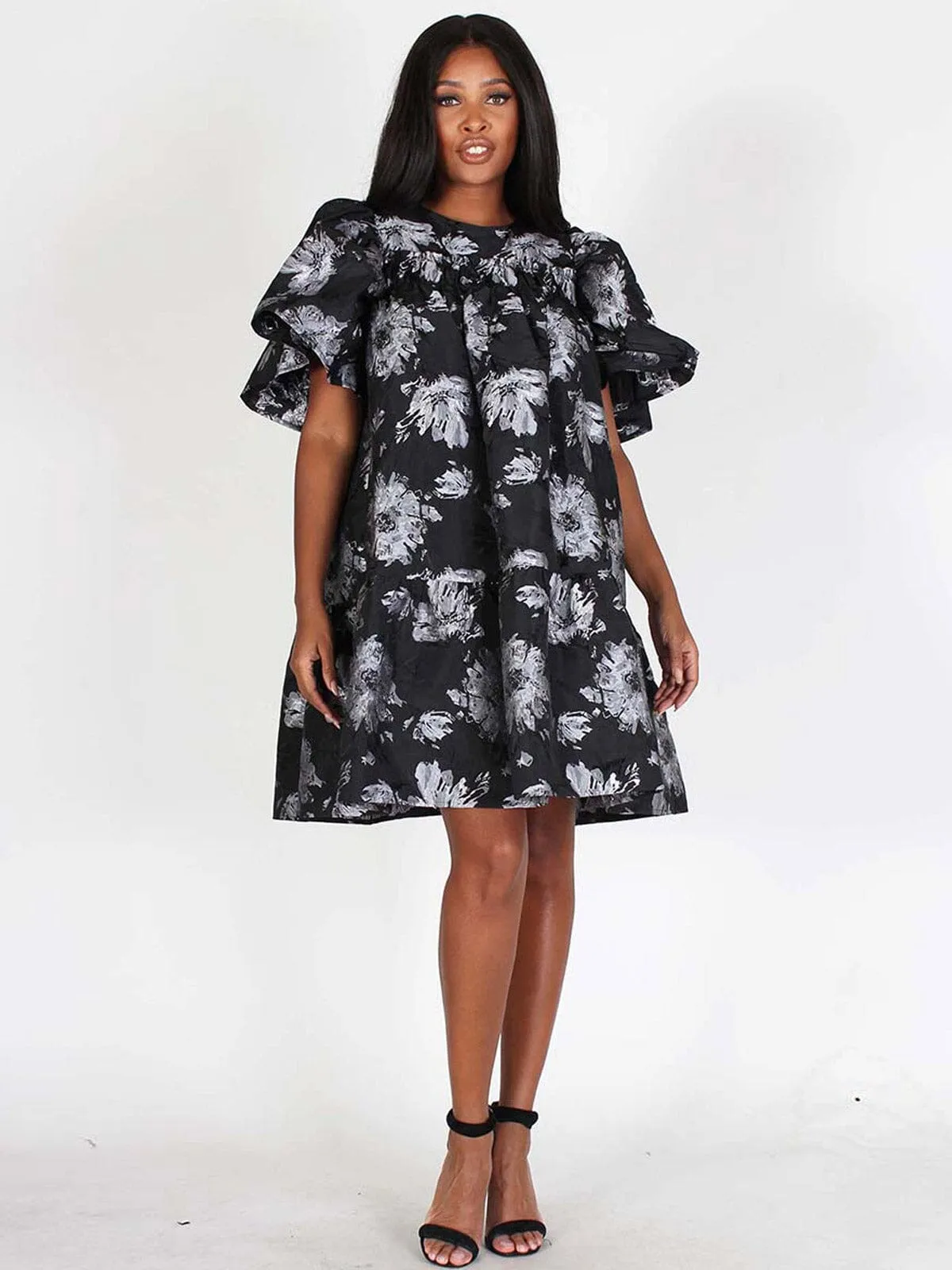 WOMEN'S SHORT PUFF SLEEVES FLORAL SHIMMER TUNIC MINI DRESS