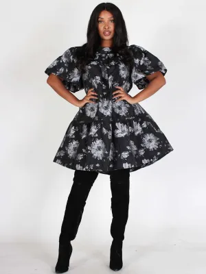 WOMEN'S SHORT PUFF SLEEVES FLORAL SHIMMER TUNIC MINI DRESS