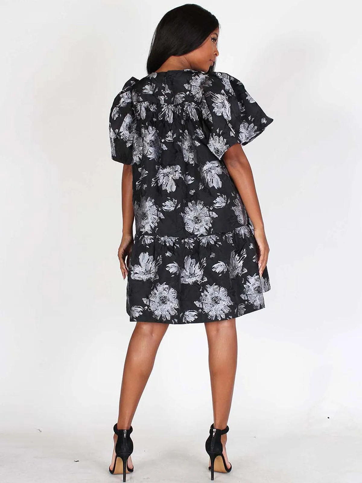 WOMEN'S SHORT PUFF SLEEVES FLORAL SHIMMER TUNIC MINI DRESS