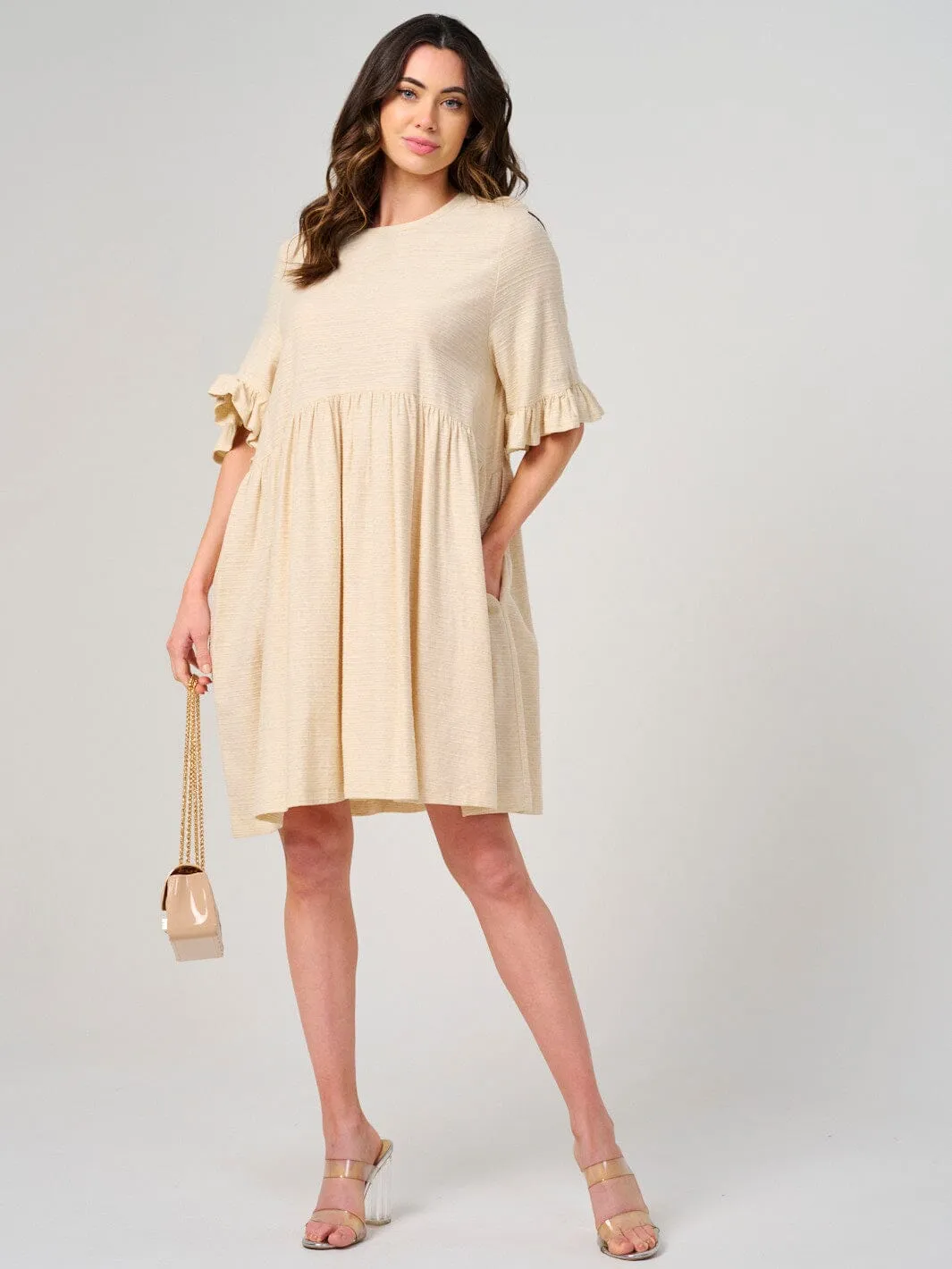WOMEN'S SHORT RUFFLE SLEEVE FRONT POCKETS TUNIC MINI DRESS