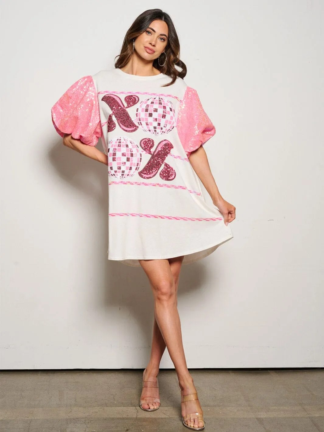WOMEN'S SHORT SEQUINS SLEEVE METALLIC GRAPHIC MINI DRESS