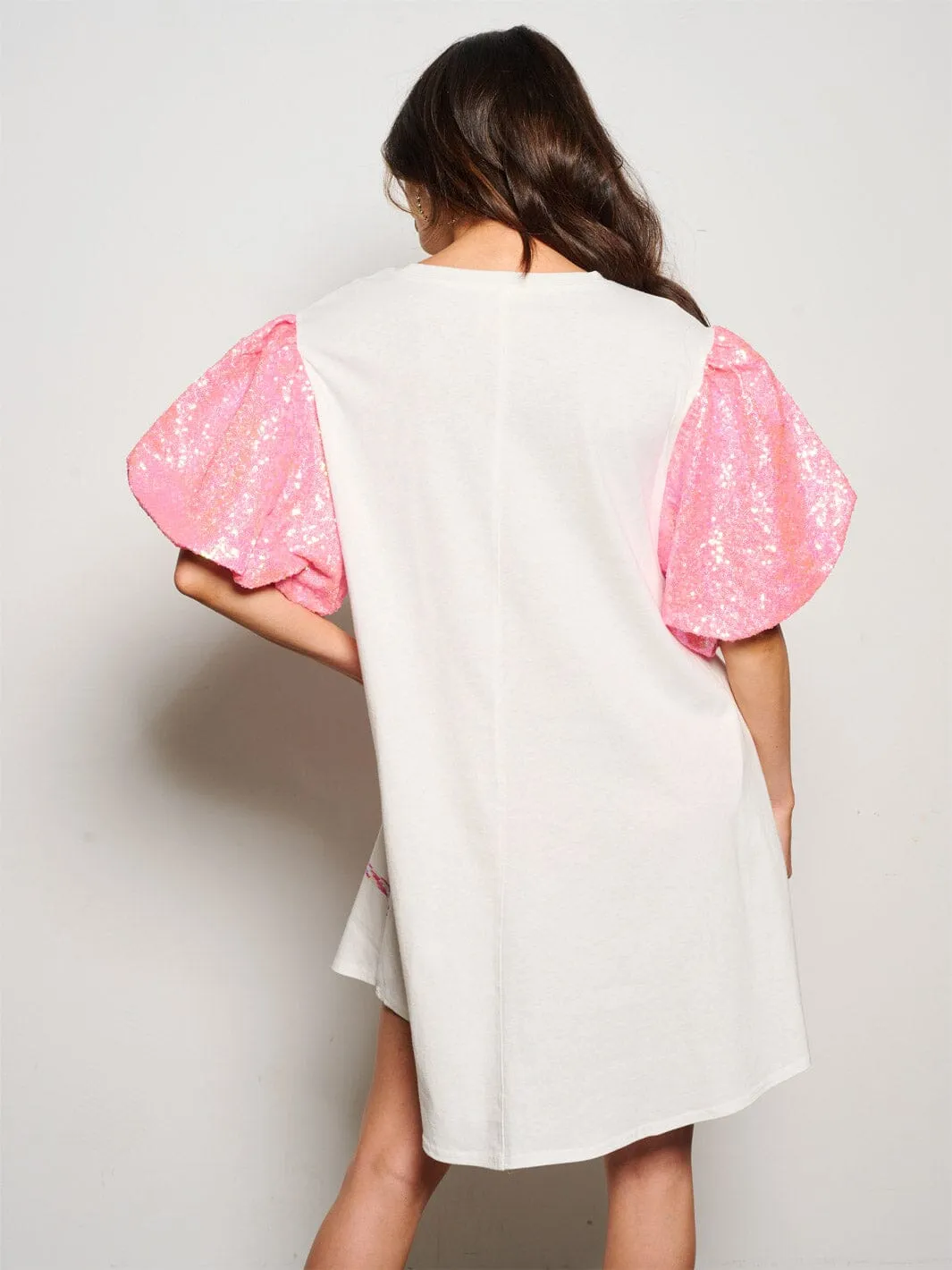 WOMEN'S SHORT SEQUINS SLEEVE METALLIC GRAPHIC MINI DRESS