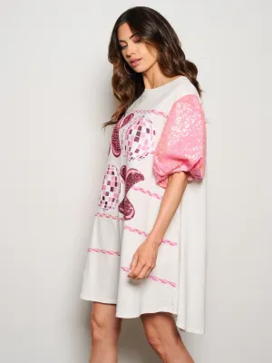 WOMEN'S SHORT SEQUINS SLEEVE METALLIC GRAPHIC MINI DRESS