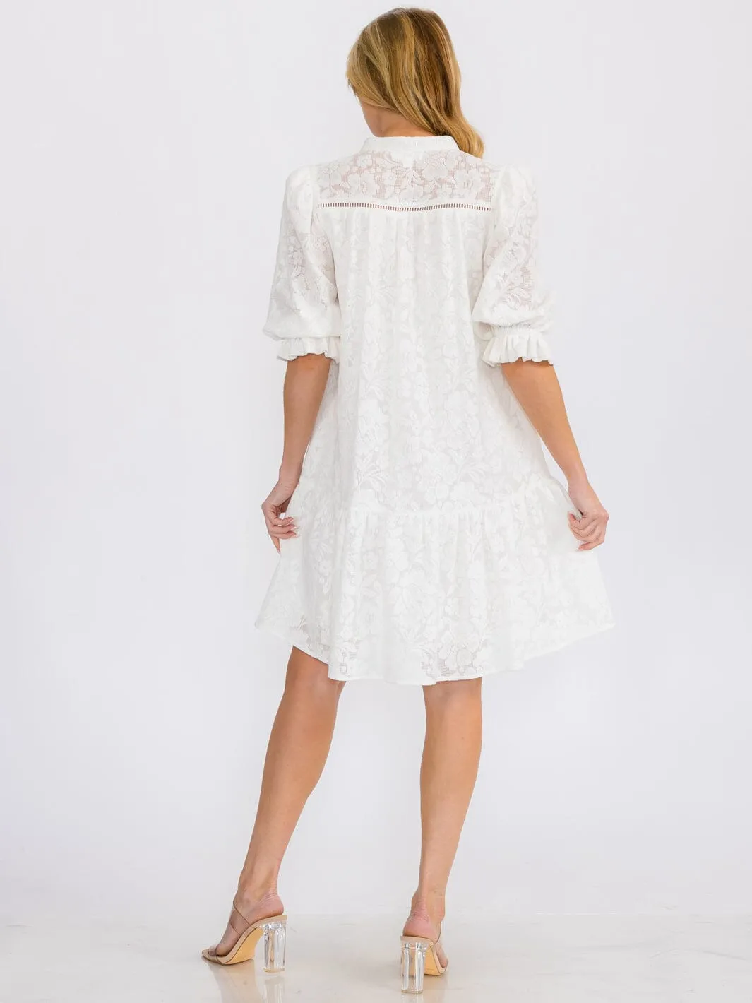 WOMEN'S SHORT SLEEVE BUTTON UP LACE DETAILED TUNIC MINI DRESS