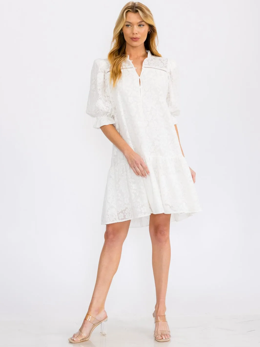 WOMEN'S SHORT SLEEVE BUTTON UP LACE DETAILED TUNIC MINI DRESS