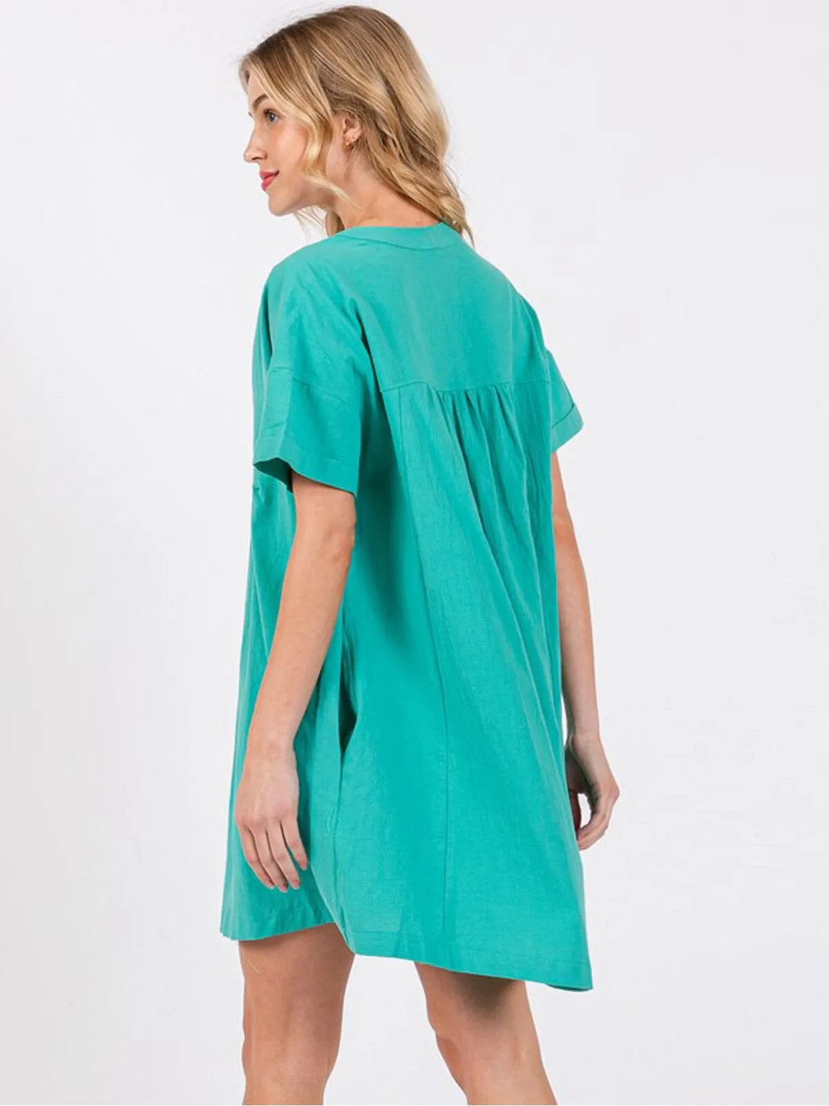 WOMEN'S SHORT SLEEVE BUTTON UP POCKETS TUNIC MINI DRESS
