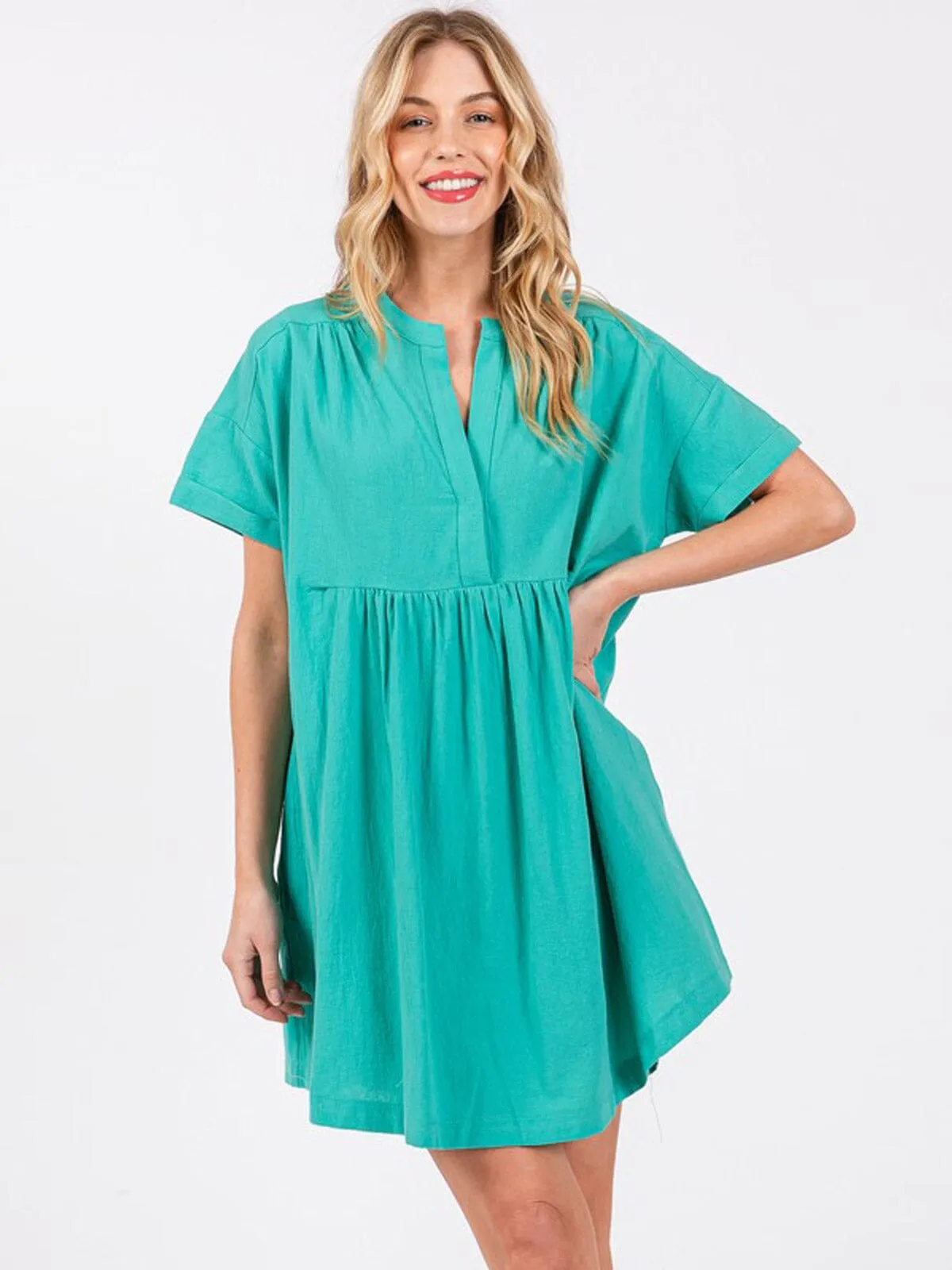 WOMEN'S SHORT SLEEVE BUTTON UP POCKETS TUNIC MINI DRESS