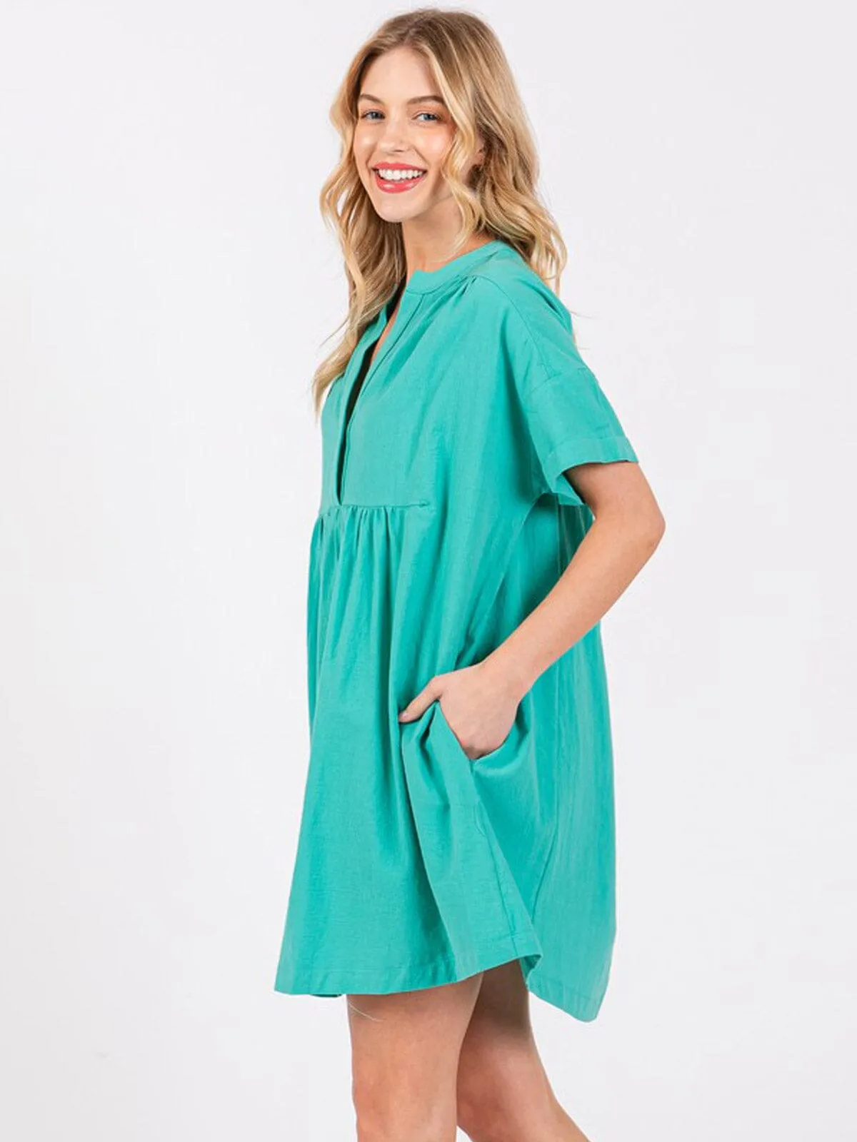 WOMEN'S SHORT SLEEVE BUTTON UP POCKETS TUNIC MINI DRESS