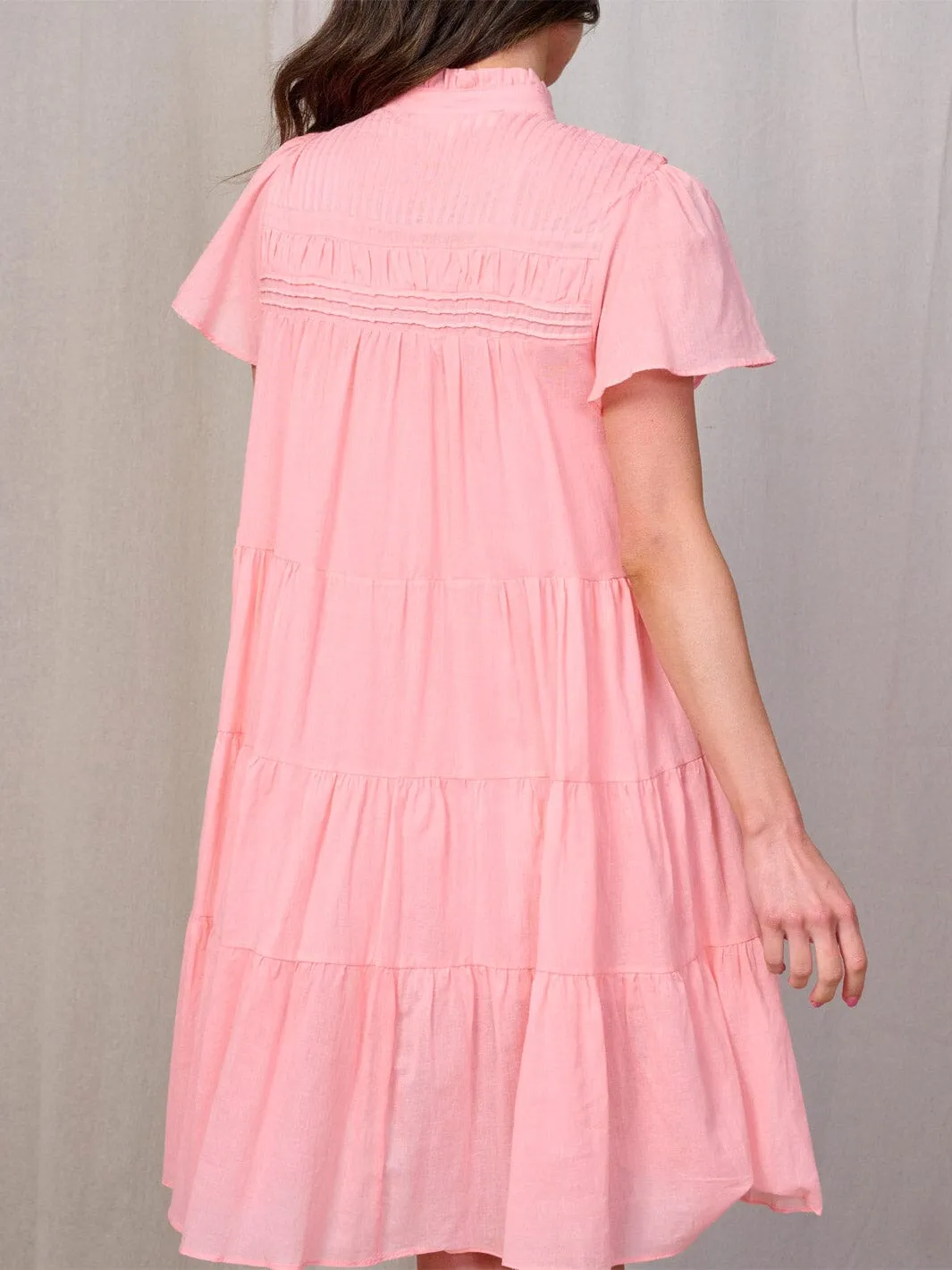 WOMEN'S SHORT SLEEVE BUTTON UP TIERED TUNIC MINI DRESS