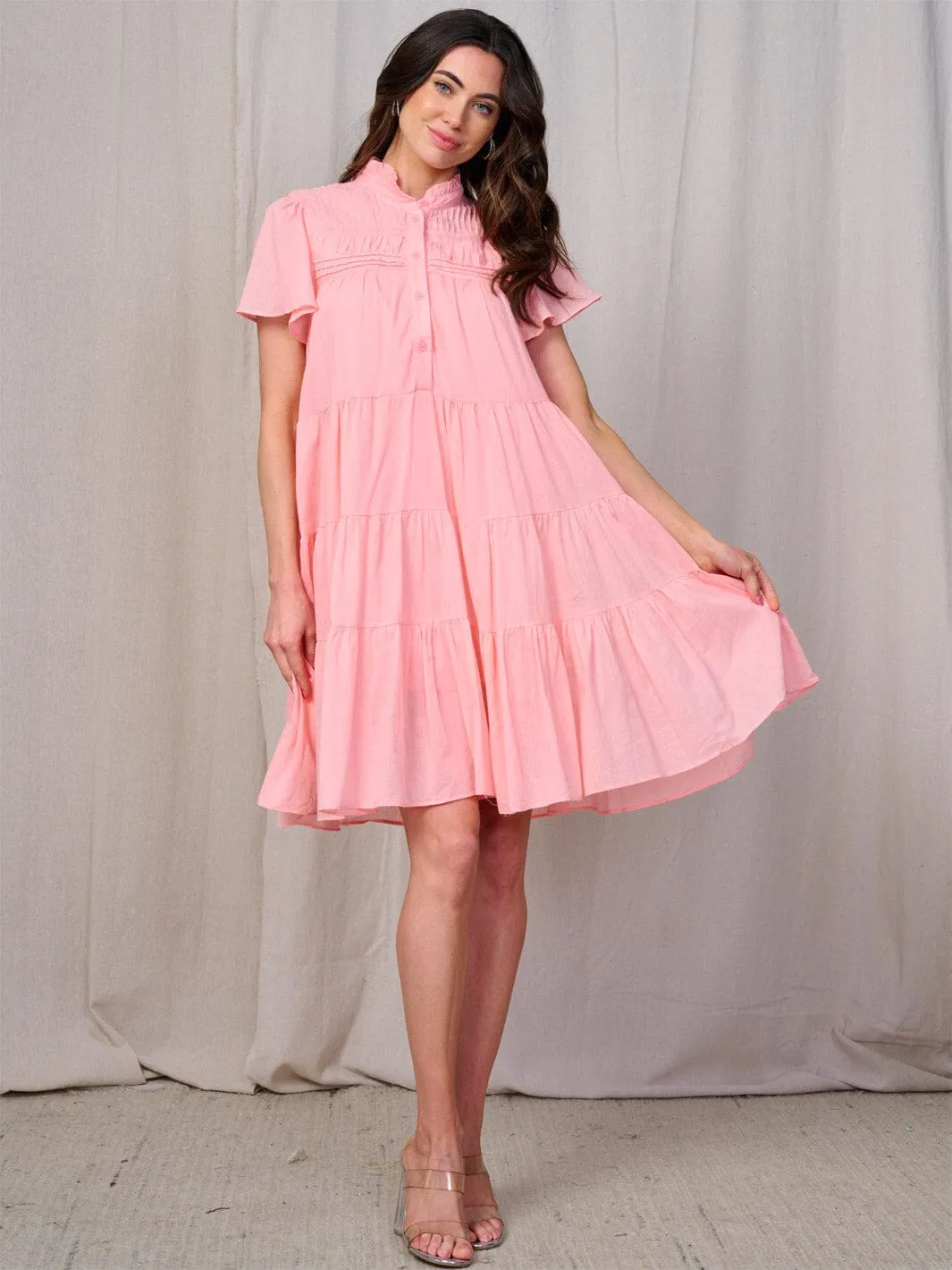 WOMEN'S SHORT SLEEVE BUTTON UP TIERED TUNIC MINI DRESS