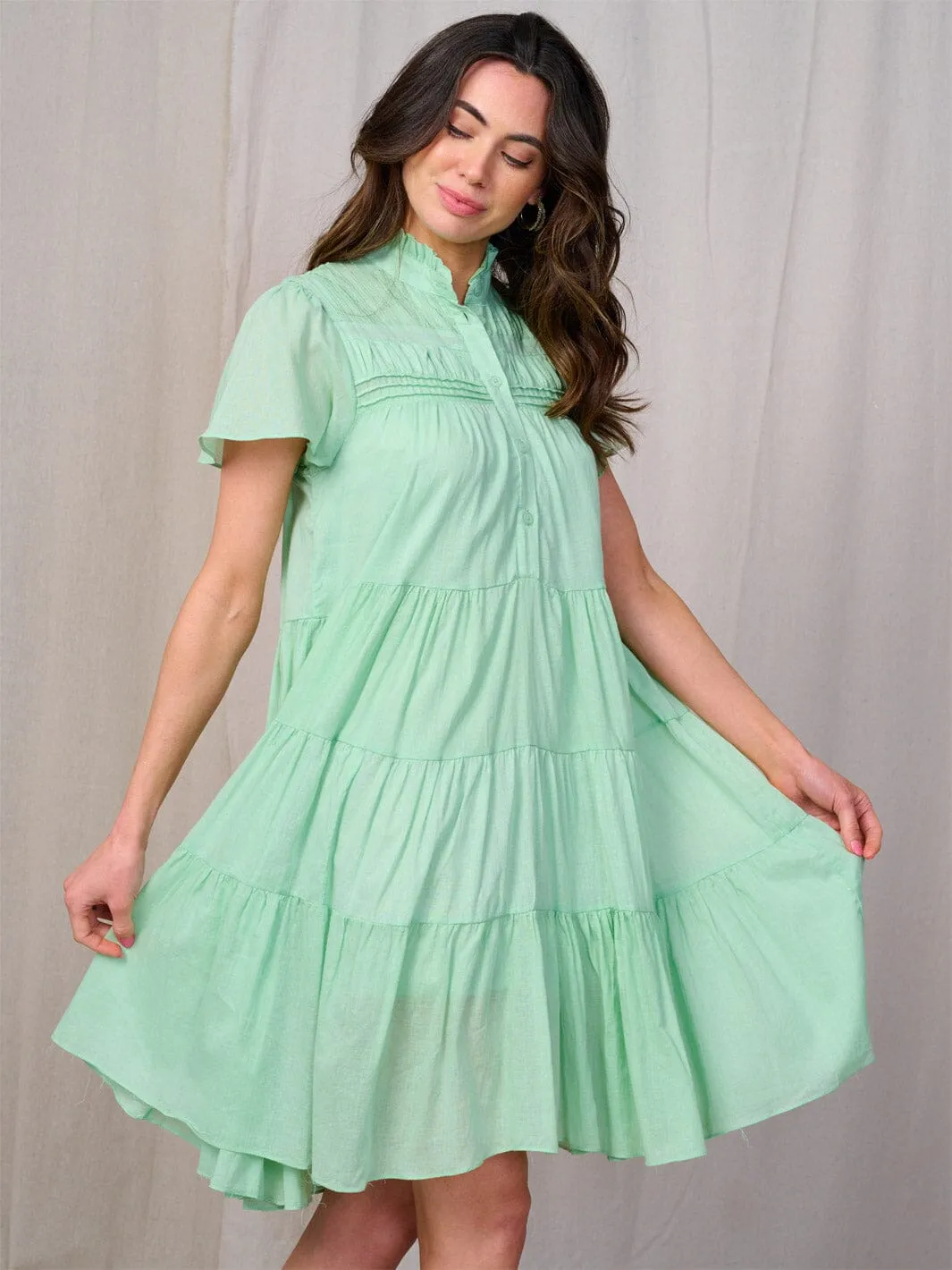 WOMEN'S SHORT SLEEVE BUTTON UP TIERED TUNIC MINI DRESS