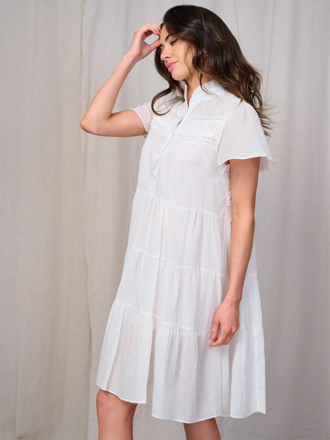 WOMEN'S SHORT SLEEVE BUTTON UP TIERED TUNIC MINI DRESS