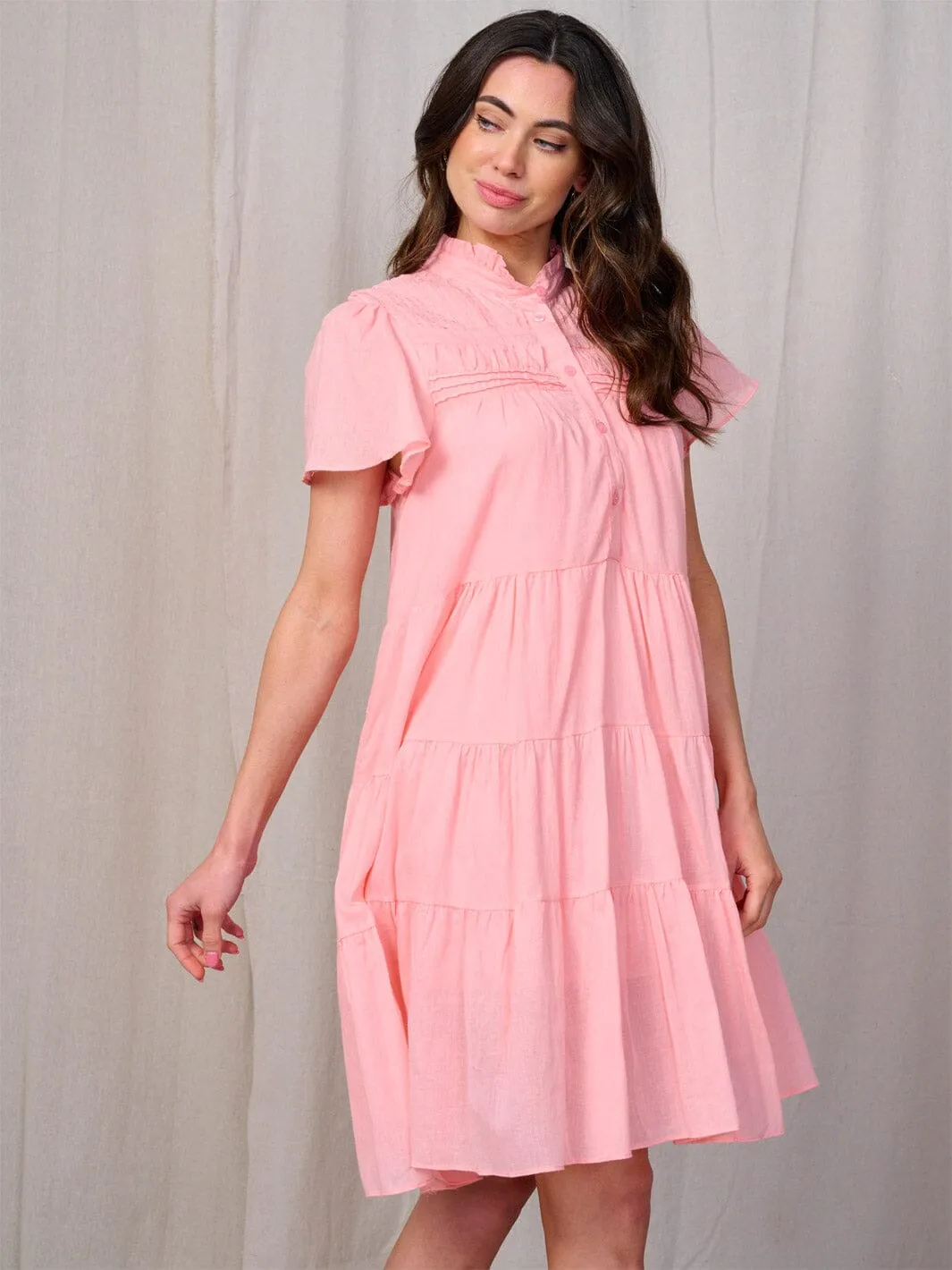 WOMEN'S SHORT SLEEVE BUTTON UP TIERED TUNIC MINI DRESS
