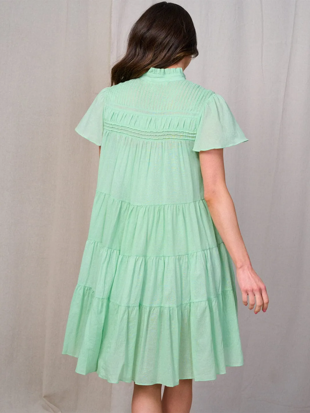 WOMEN'S SHORT SLEEVE BUTTON UP TIERED TUNIC MINI DRESS