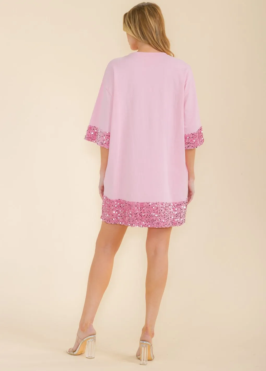 WOMEN'S SHORT SLEEVE FRONT POCKETS SEQUINS TRIM TUNIC MINI DRESS