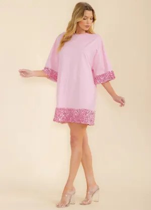 WOMEN'S SHORT SLEEVE FRONT POCKETS SEQUINS TRIM TUNIC MINI DRESS