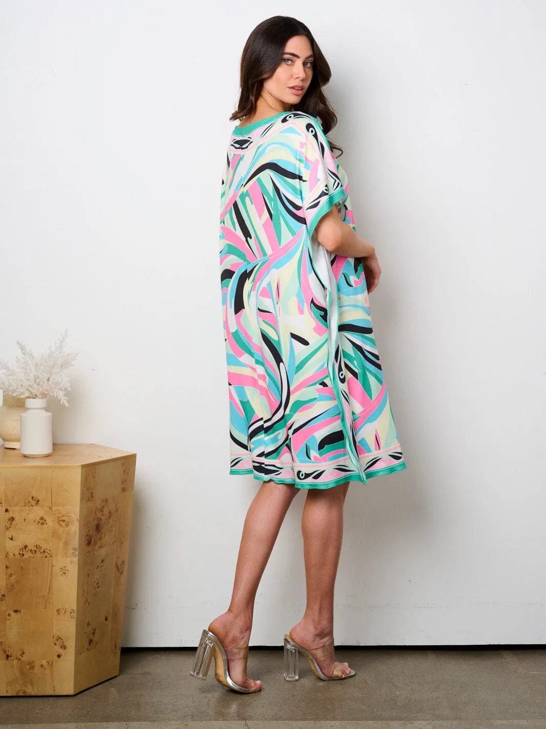 WOMEN'S SHORT SLEEVE MULTI PRINT TUNIC MINI DRESS