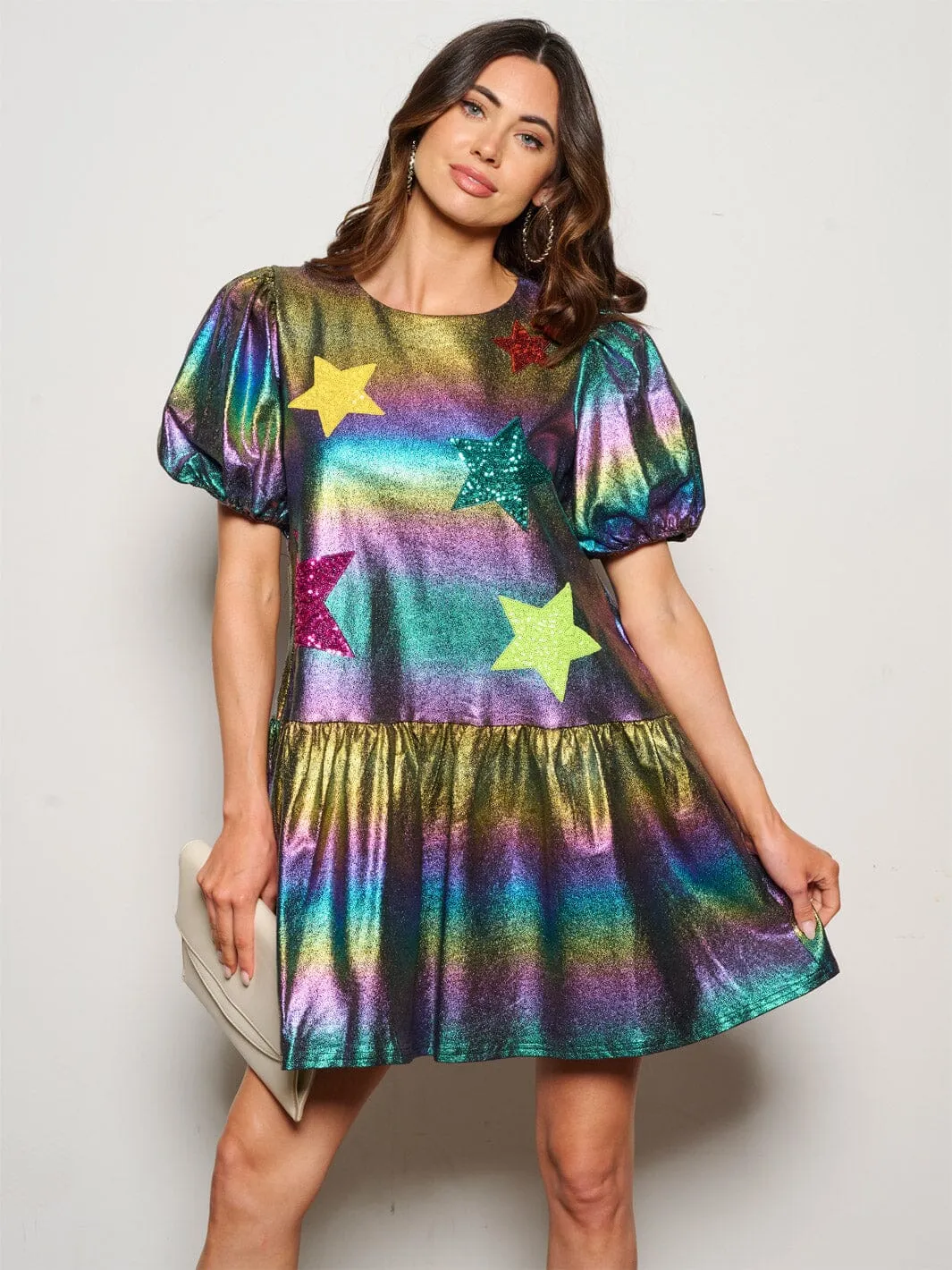 WOMEN'S SHORT SLEEVE POCKETS TIERED SEQUINS METALLIC GRAPHIC MINI DRESS