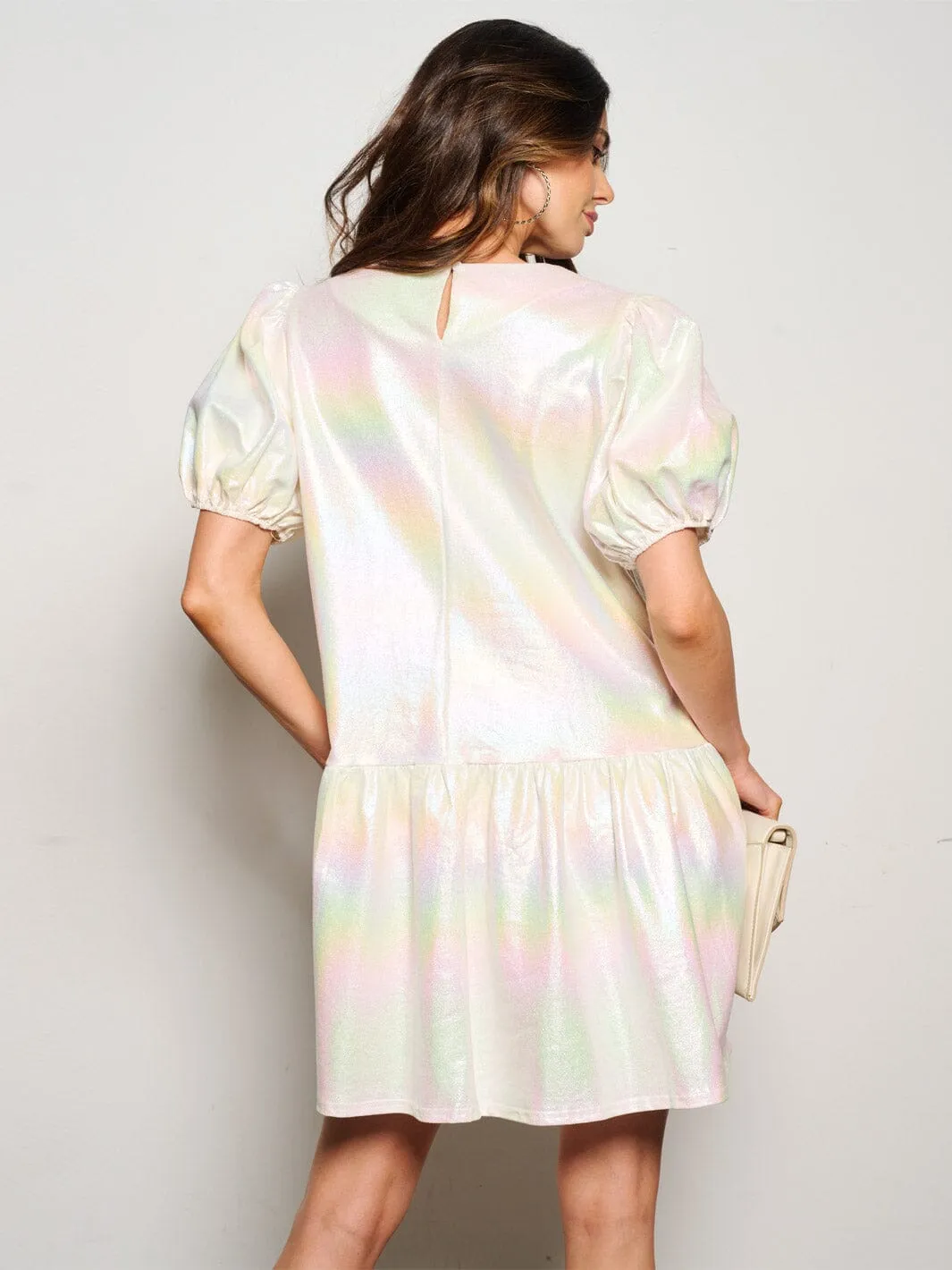 WOMEN'S SHORT SLEEVE POCKETS TIERED SEQUINS METALLIC GRAPHIC MINI DRESS