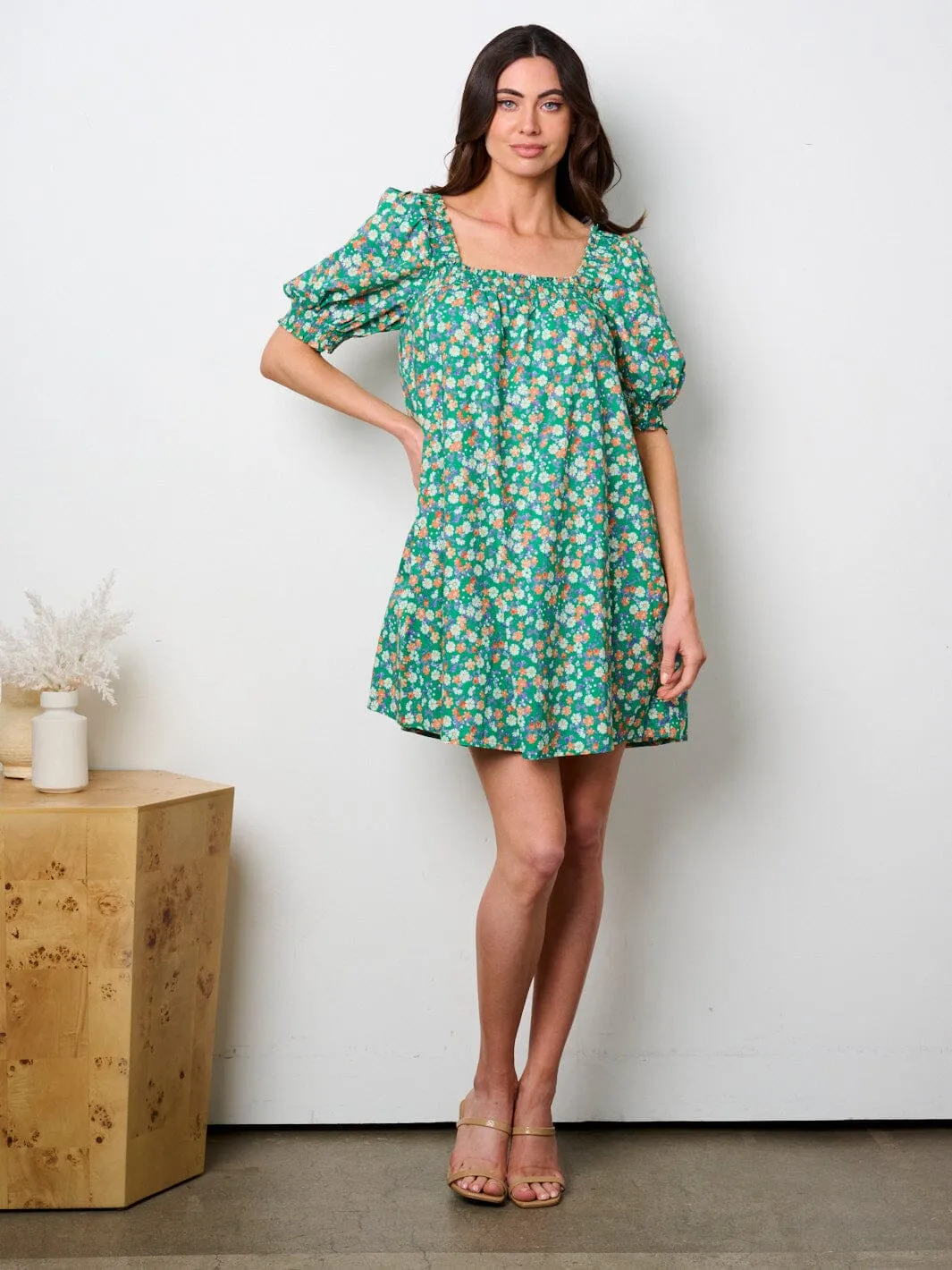 WOMEN'S SHORT SLEEVE SQUARE SMOCK NECK FLORAL TUNIC MINI DRESS