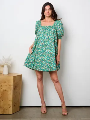 WOMEN'S SHORT SLEEVE SQUARE SMOCK NECK FLORAL TUNIC MINI DRESS