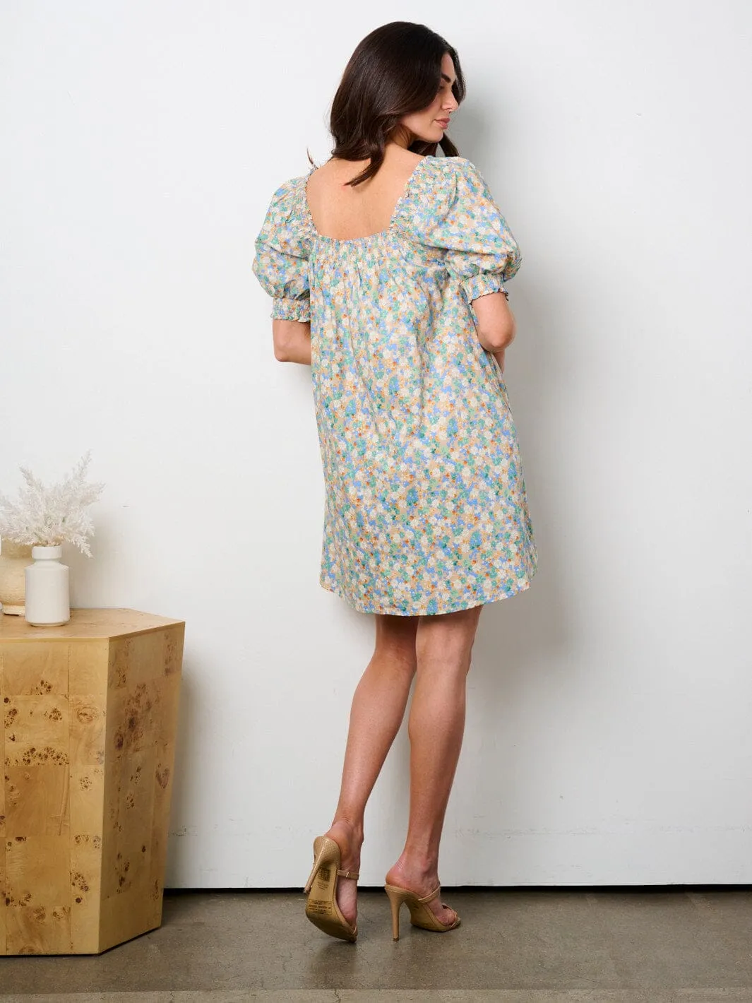 WOMEN'S SHORT SLEEVE SQUARE SMOCK NECK FLORAL TUNIC MINI DRESS