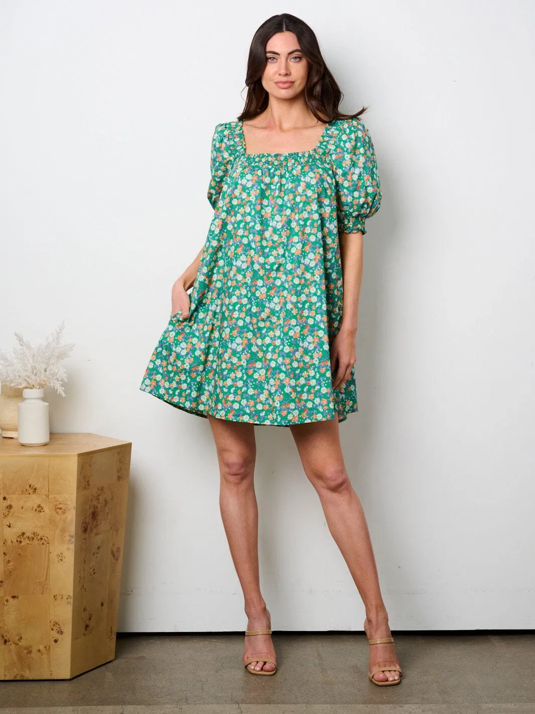 WOMEN'S SHORT SLEEVE SQUARE SMOCK NECK FLORAL TUNIC MINI DRESS
