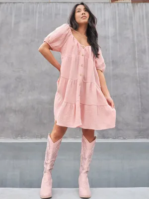 WOMEN'S SHORT SLEEVE TIERED POCKETS TUNIC MINI DRESS