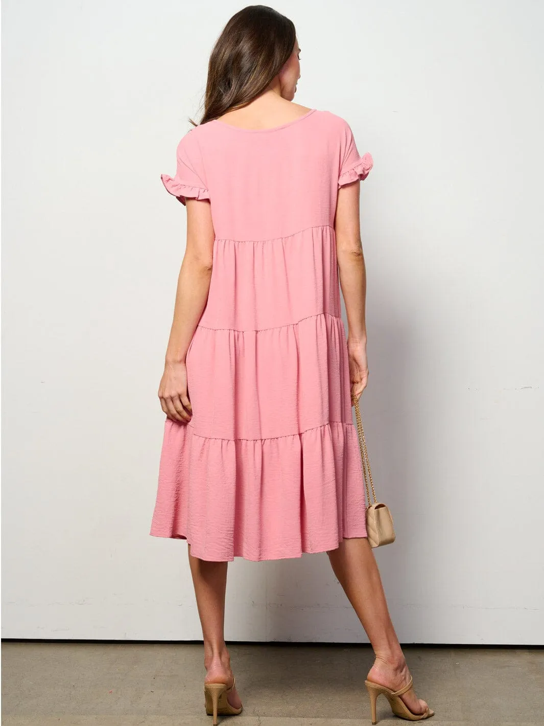 WOMEN'S SHORT SLEEVE TIERED TUNIC MIDI DRESS