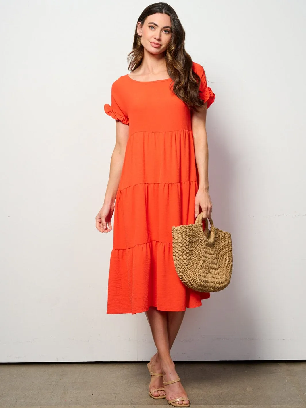 WOMEN'S SHORT SLEEVE TIERED TUNIC MIDI DRESS