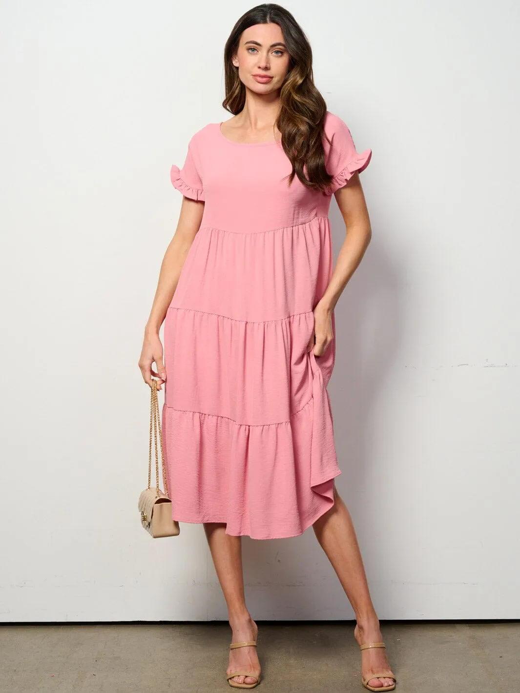 WOMEN'S SHORT SLEEVE TIERED TUNIC MIDI DRESS