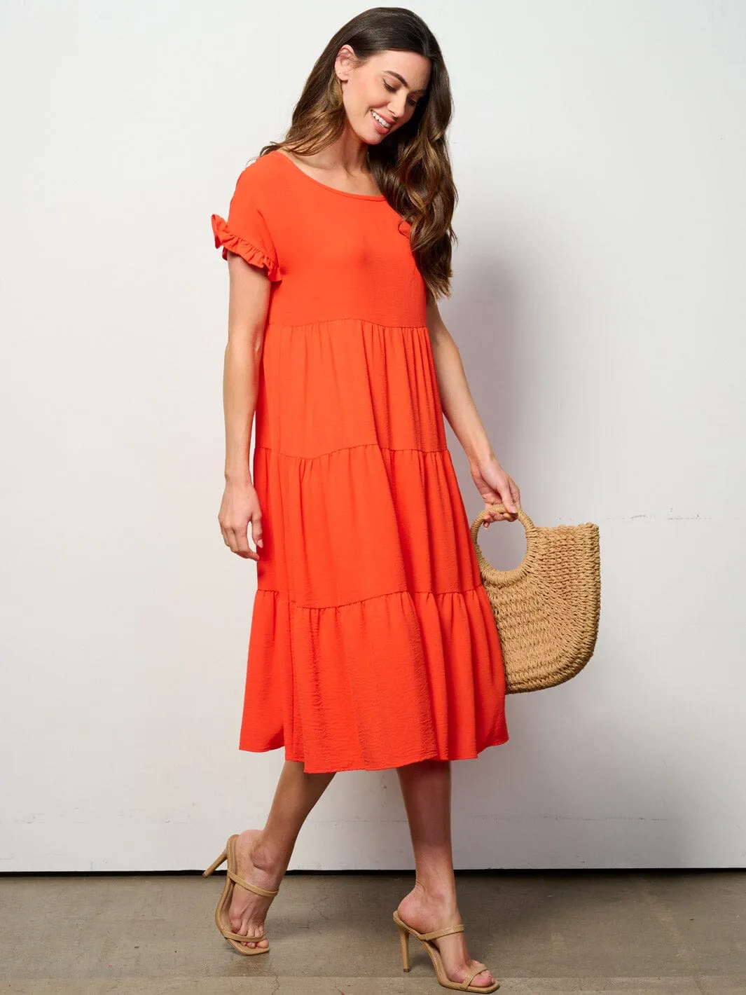 WOMEN'S SHORT SLEEVE TIERED TUNIC MIDI DRESS