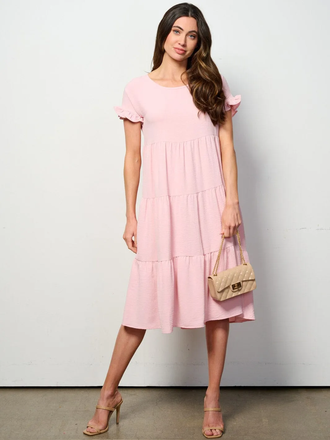 WOMEN'S SHORT SLEEVE TIERED TUNIC MIDI DRESS