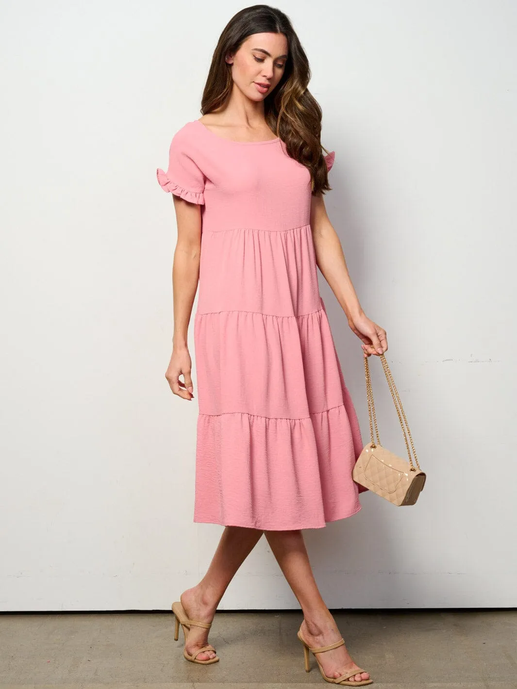 WOMEN'S SHORT SLEEVE TIERED TUNIC MIDI DRESS