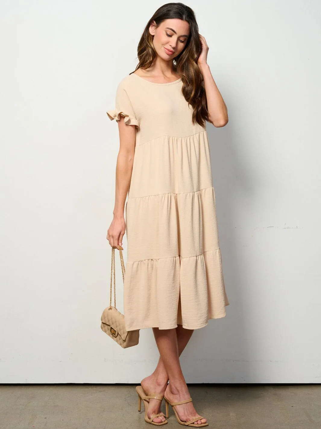 WOMEN'S SHORT SLEEVE TIERED TUNIC MIDI DRESS