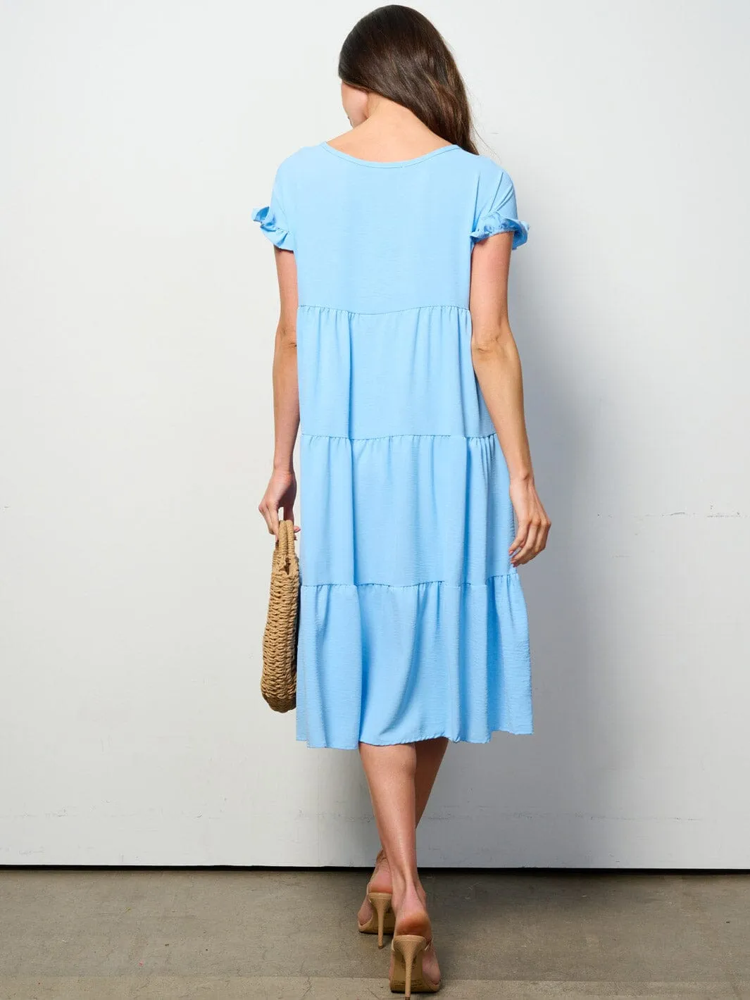 WOMEN'S SHORT SLEEVE TIERED TUNIC MIDI DRESS