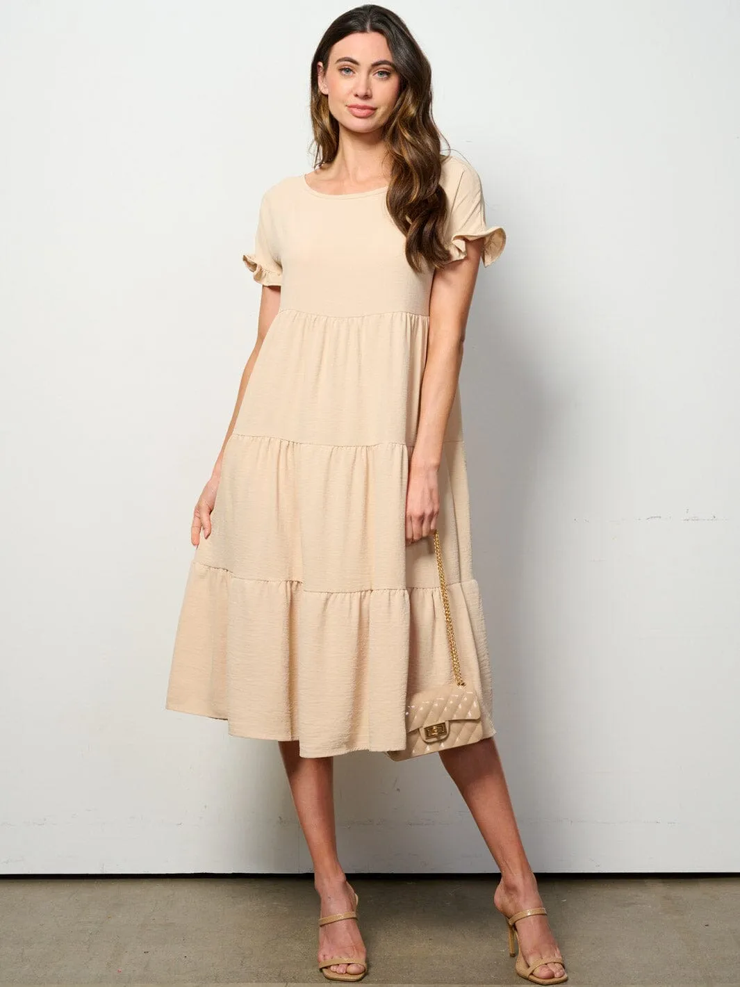 WOMEN'S SHORT SLEEVE TIERED TUNIC MIDI DRESS