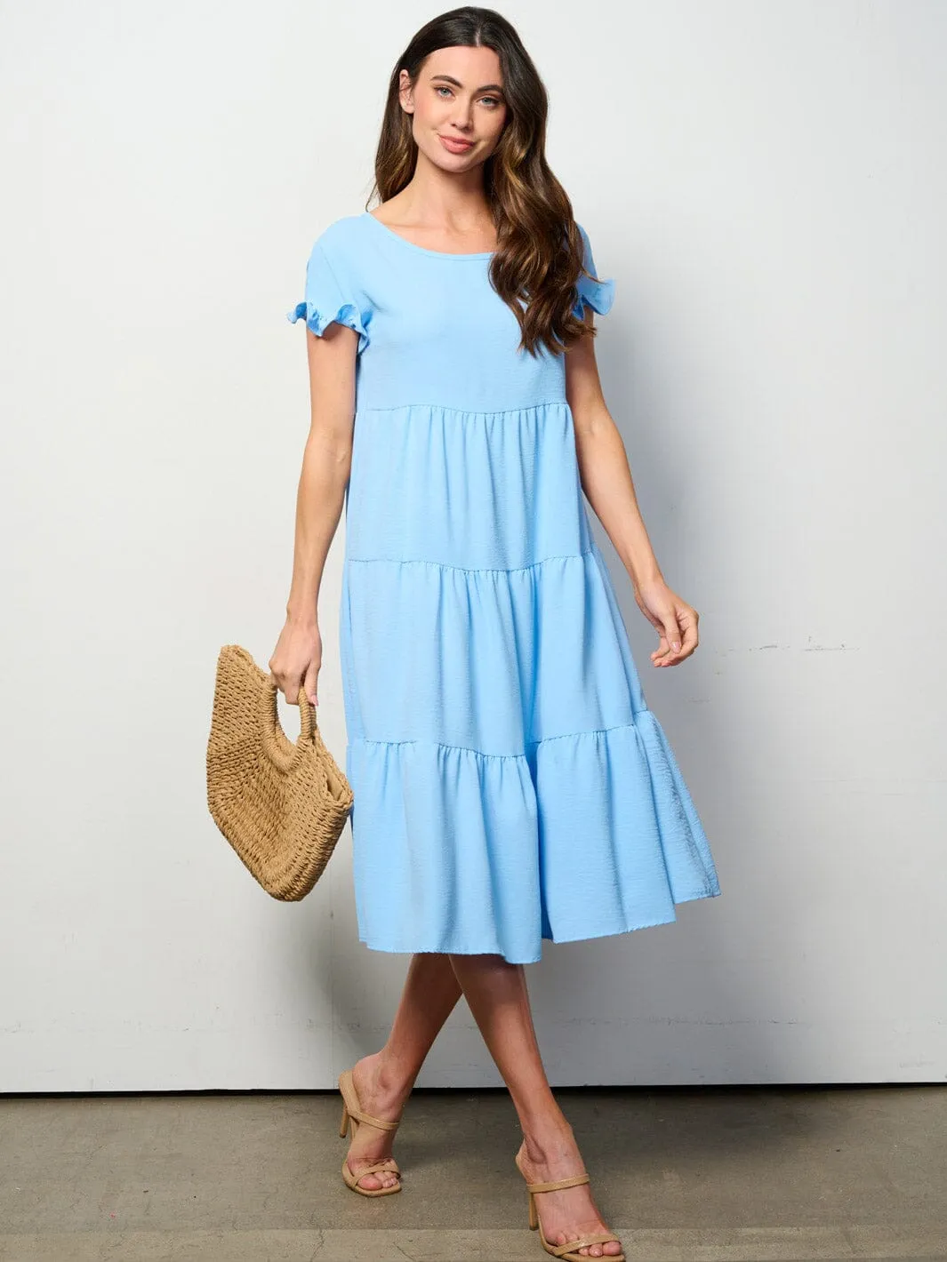 WOMEN'S SHORT SLEEVE TIERED TUNIC MIDI DRESS