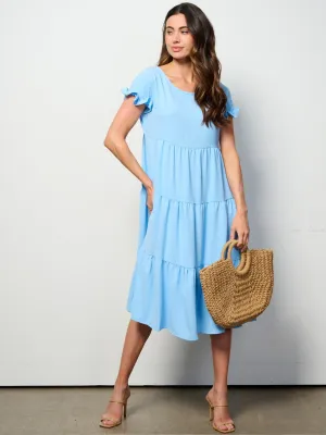 WOMEN'S SHORT SLEEVE TIERED TUNIC MIDI DRESS