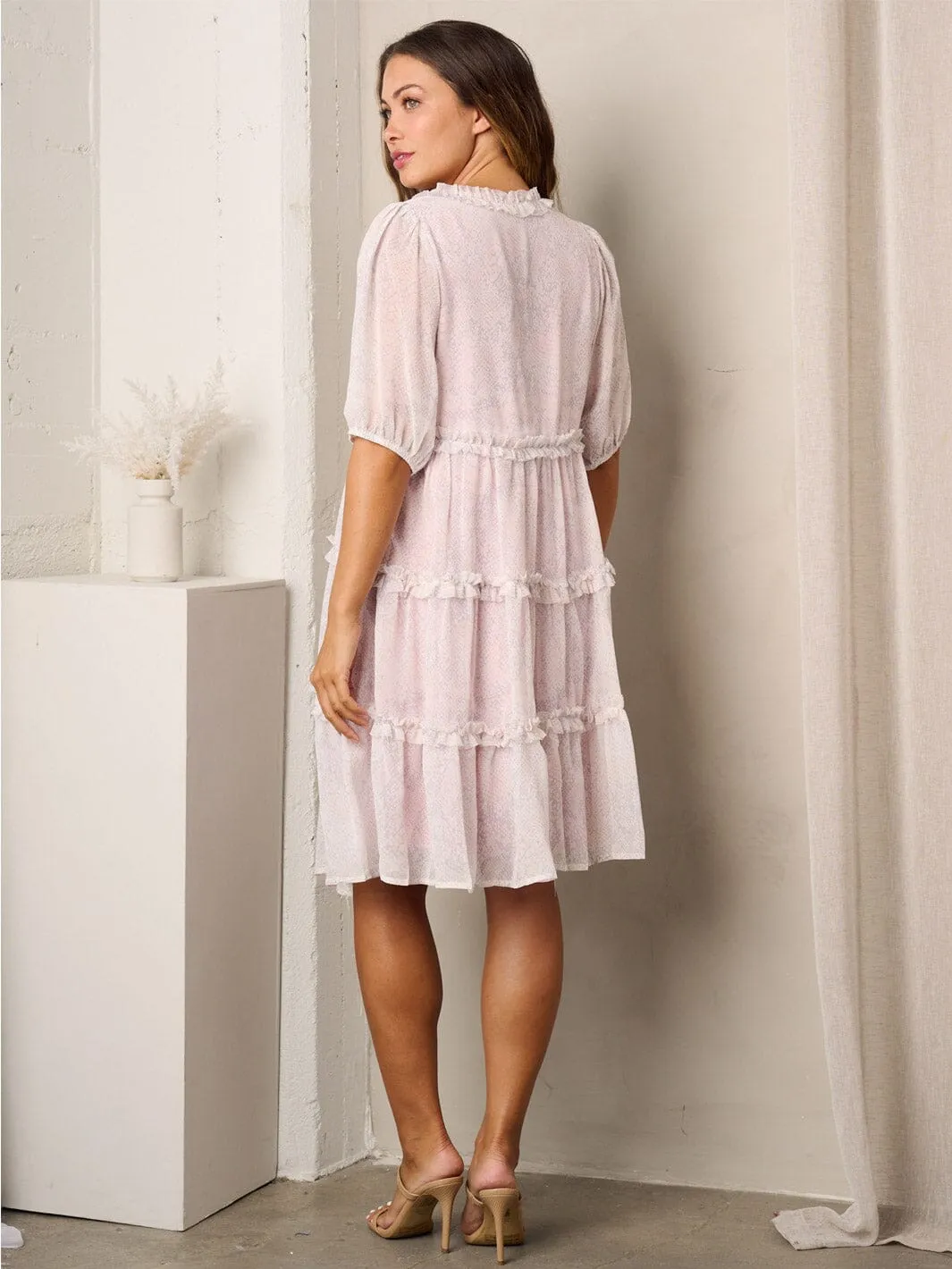 WOMEN'S SHORT SLEEVE V-NECK RUFFLE SNAKE PRINT TUNIC MIDI DRESS