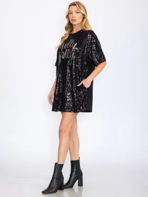 WOMEN'S SHORT SLEEVES POCKETS GRAPHIC TUNIC SEQUINS MINI DRESS