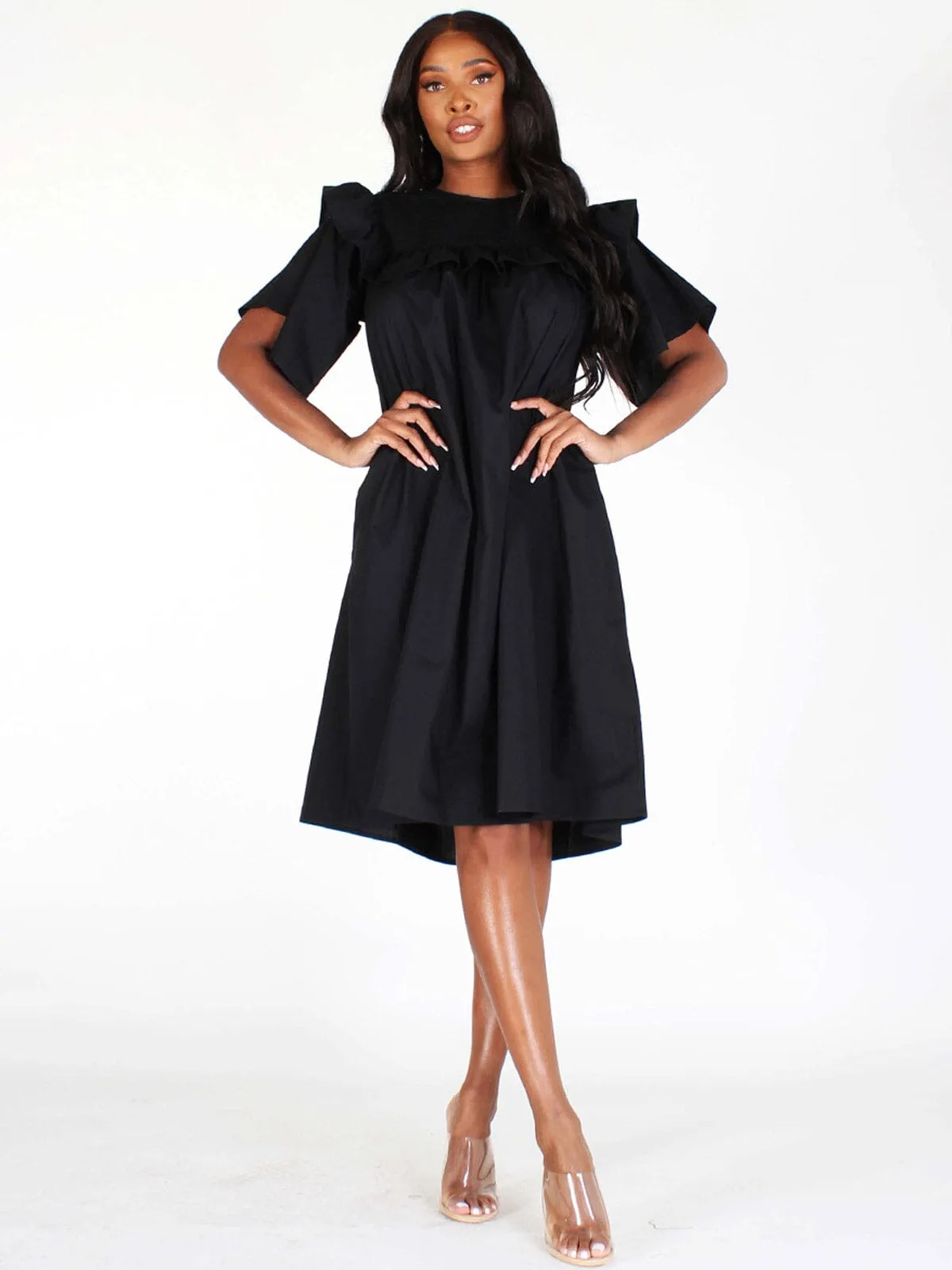 WOMEN'S SHORT SLEEVES POCKETS TUNIC MIDI DRESS