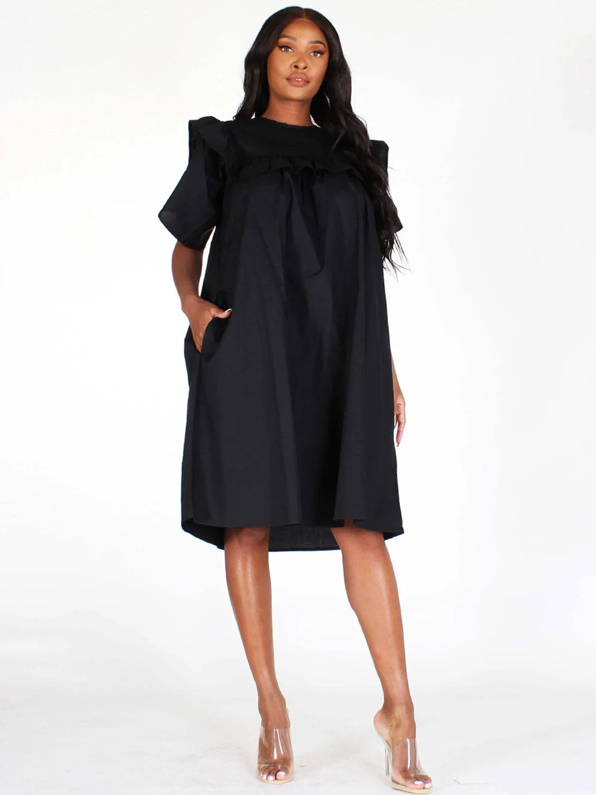 WOMEN'S SHORT SLEEVES POCKETS TUNIC MIDI DRESS